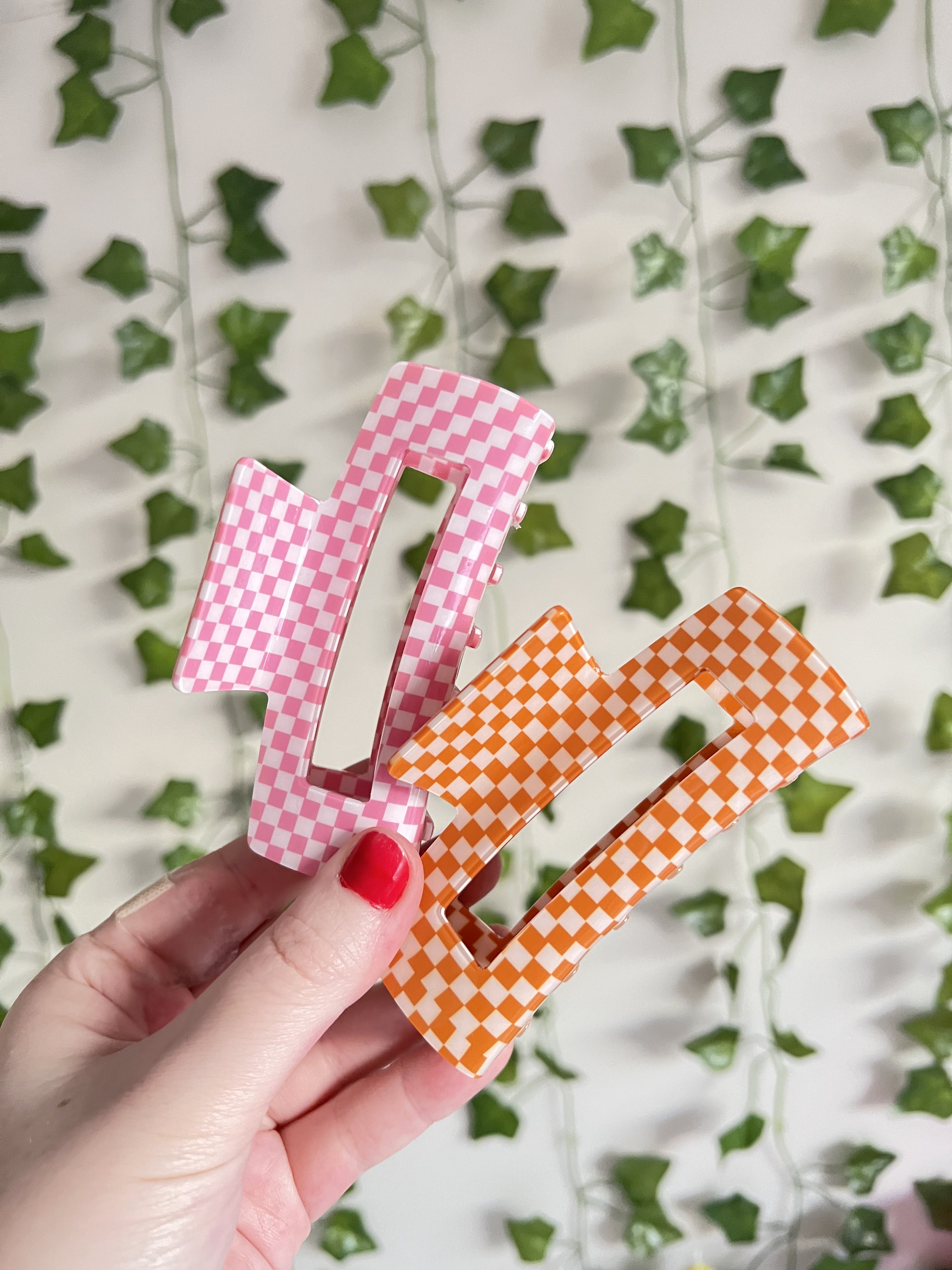 Checkered Hair Clip Claws | Pink & Orange