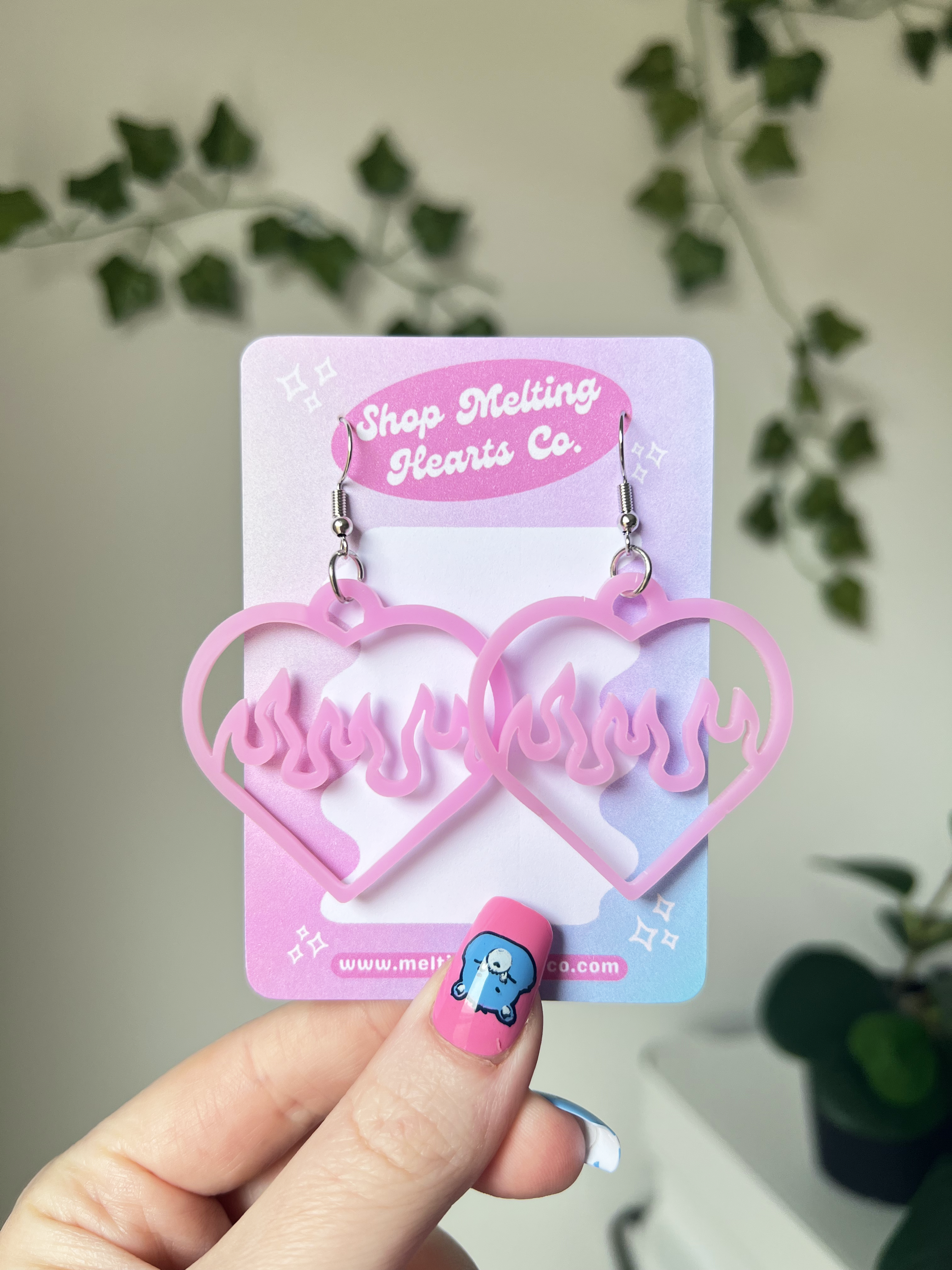 Pink Flame Heart Earrings