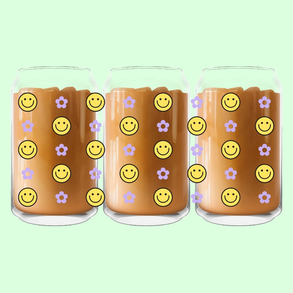 Smiley Faces & Flowers Glass Can